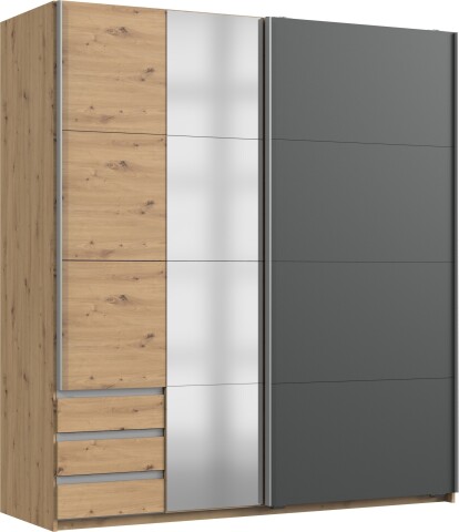 Schwebetürenschrank >NORDEN< GRAPHIT + EICHE DEKOR + SPIEGEL - 179x198x65cm (BxHxT)