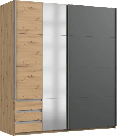 Schwebetürenschrank >NORDEN< GRAPHIT + EICHE DEKOR + SPIEGEL - 179x198x65cm (BxHxT)