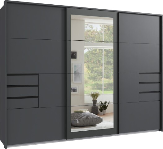 Schwebetürenschrank >LUZERN< in GRAPHIT + SPIEGEL - 270x208x64cm (BxHxT)