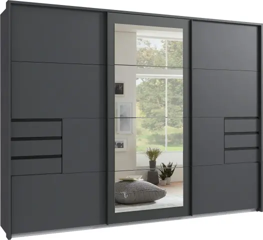 Schwebetürenschrank >LUZERN< in GRAPHIT + SPIEGEL - 270x208x64cm (BxHxT)