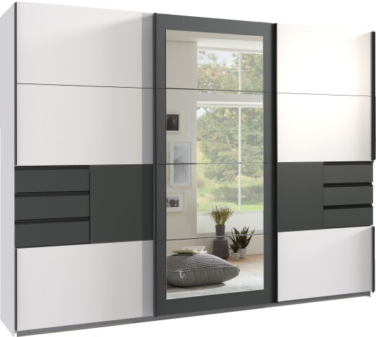 Schwebetürenschrank >LUZERN< in WEISS + GRAPHIT + SPIEGEL - 270x208x64cm (BxHxT)