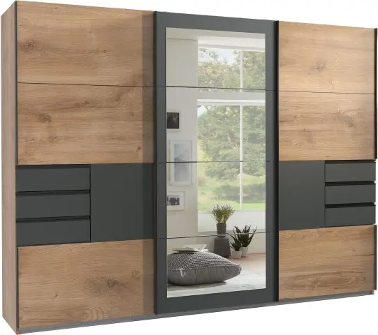 Schwebetürenschrank >LUZERN< in EICHE DEKOR + GRAPHIT + SPIEGEL - 270x208x64cm (BxHxT)