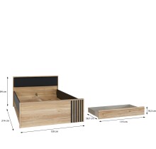 Stauraumbett >ARANK< in Mauvella Eiche Dekor / Schwarz - 130x84x213cm (BxHxT)