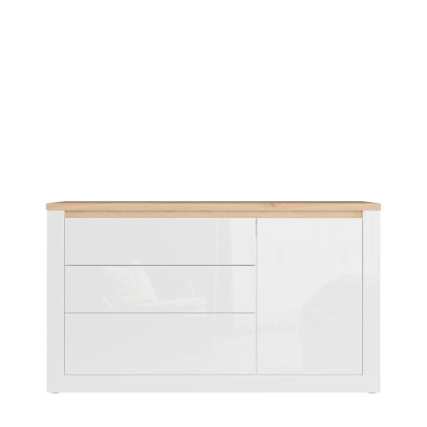 Sideboard >DURAOAK< in Weiss Glanz / Wildeiche Dekor - 156,4x89,8x41,6 (BxHxT)