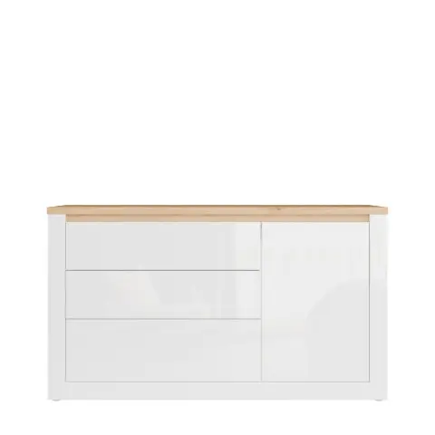 Sideboard >DURAOAK< in Weiss Glanz / Wildeiche Dekor - 156,4x89,8x41,6 (BxHxT)