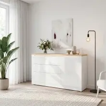 Sideboard >DURAOAK< in Weiss Glanz / Wildeiche Dekor - 156,4x89,8x41,6 (BxHxT)