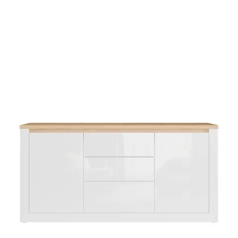 Sideboard >DURAOAK< in Weiss Glanz / Wildeiche Dekor - 181,1x89,8x41,6cm (BxHxT)