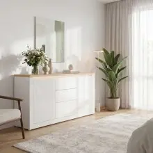 Sideboard >DURAOAK< in Weiss Glanz / Wildeiche Dekor - 181,1x89,8x41,6cm (BxHxT)