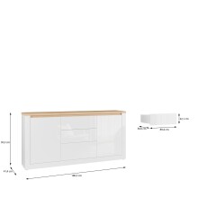Sideboard >DURAOAK< in Weiss Glanz / Wildeiche Dekor - 181,1x89,8x41,6cm (BxHxT)