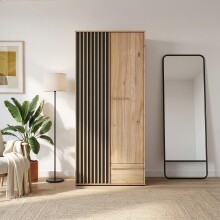 Drehtürenschrank >ARANK< in Mauvella Eiche Dekor / Schwarz - 93,1x200,1x58,7cm (BxHxT)