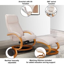 Relaxsessel >Porto< inkl. Hocker, Creme, Mikrofaser/Holz - 67x103x85cm (BxHxT)