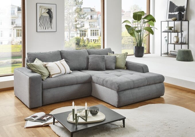 Polsterecke >Luno< Stauraum+Schlaffunktion, Cord grau - 241x89x175cm (BxHxT)