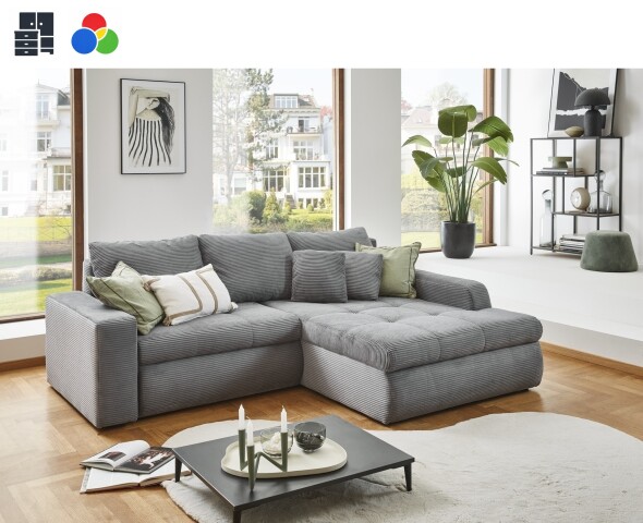 Polsterecke >Luno< Stauraum+Schlaffunktion, Cord grau, Ottomane links oder rechts - 241x89x175cm (BxHxT)