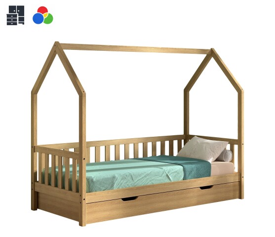 Hausbett >Cabane< Bettschublade, Eiche natur, Kiefer natur oder weiss, mit/ohne Bettschublade - 208x169x98cm (BxHxT)