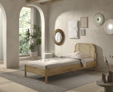 Einzelbett >Olive< in Natur, Rattan und Eiche Furnier - 98,5x90x208,5cm (BxHxT)