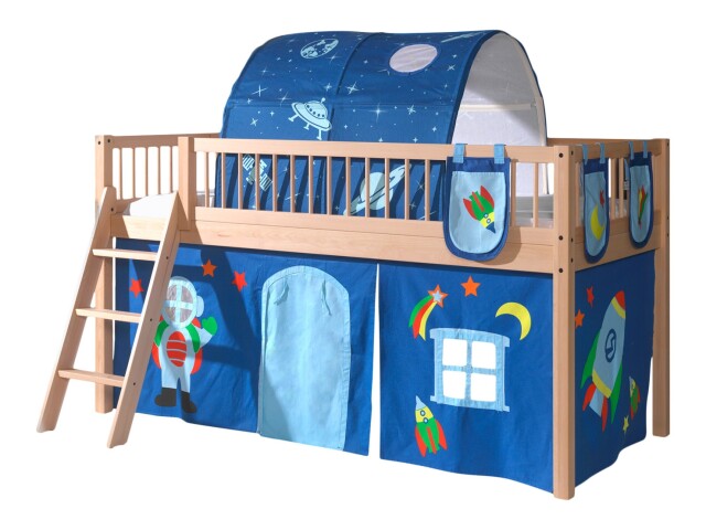 Spielbett >Fagus< in Buche massiv, Textilset Astro + Tunnel - 207,5x114x135,5 (BxHxT)