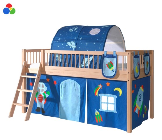 Spielbett >Fagus< in Buche massiv, Textilset + Tunnel in verschiedenen Ausführungen lieferbar - 207,5x114x135,5 (BxHxT)