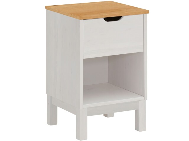 Nachtkommode >Poznan< 1 Schublade in Weiß / Honig, Kiefer/MDF - 38x59x35cm (BxHxT)