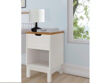 Nachtkommode >Poznan< 1 Schublade in Weiß / Honig, Kiefer/MDF - 38x59x35cm (BxHxT)