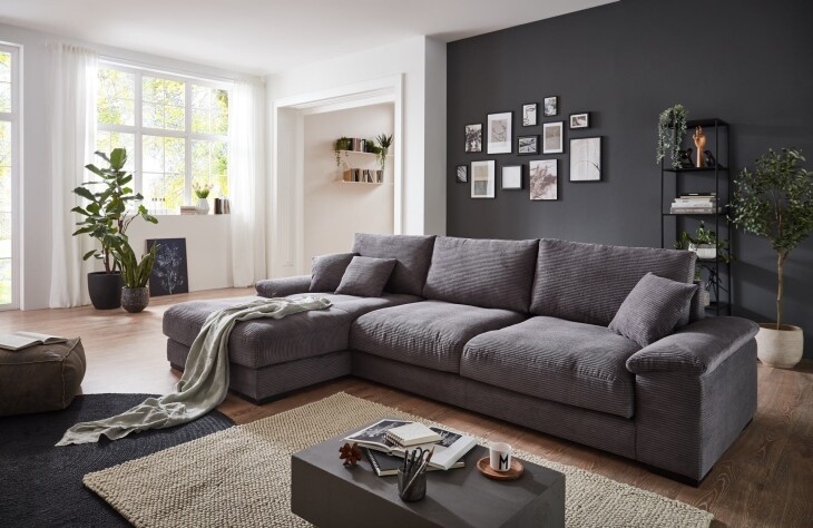 Polsterecke >Anselm< in grau, Cord Lincoln - 321x90x177cm (BxHxT)
