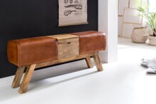 Sitzbank >WL5.098< in Braun, Echtleder / Massivholz Mango - 120x53x29cm (BxHxT)