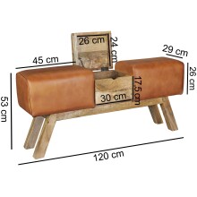 Sitzbank >WL5.098< in Braun, Echtleder / Massivholz Mango - 120x53x29cm (BxHxT)