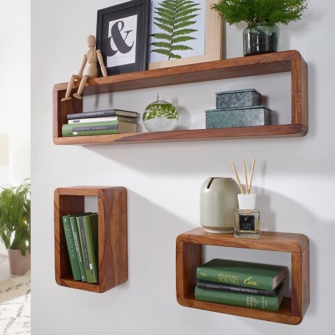 Wandregal >BOHA< (3-teilig) in Sheesham Massivholz - 80x20x15 (BxHxT)