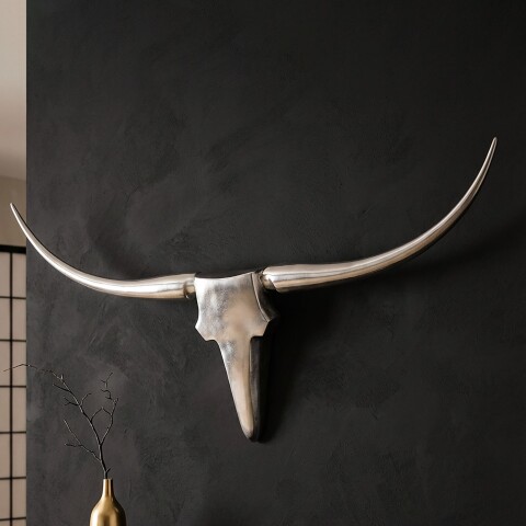 Hängedekoration >BULL< in Silber, Geweih: Aluminium - 125x60x10cm (BxHxT)