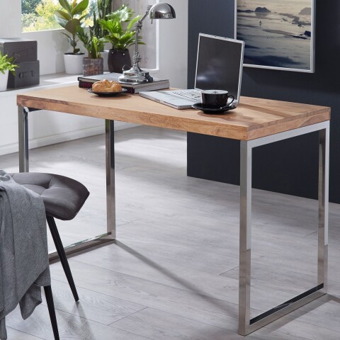 Schreibtisch >GUNA< in Akazie, Massivholz / Metall verchromt - 120x76x60 (BxHxT)