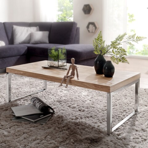 Couchtisch >GUNA< in Akazie, Massivholz / Metall verchromt - 120x40x60cm (BxHxT)