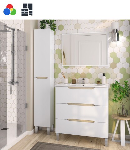 Badezimmer-Set >LEA< (3-tlg.) in Weiß glänzend / Eiche Dekor - 80x86x45 (BxHxT)
