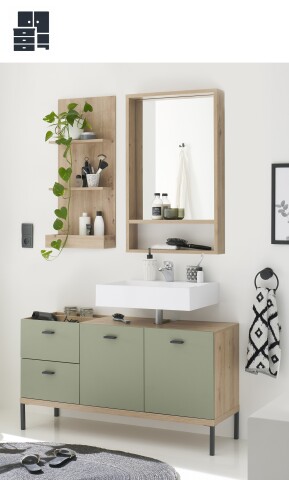 Badezimmer >Coco< verschiedene Typen und Kombinationen, Asteiche Dekor mit pine green oder weiss