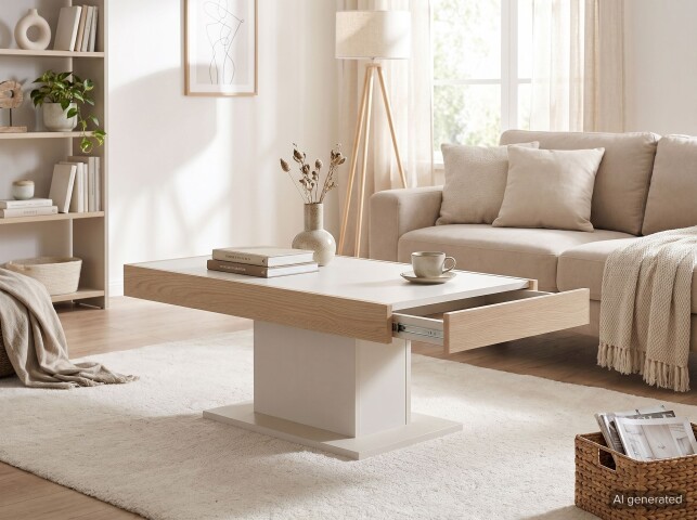 Couchtisch >Garda< mit Schublade, in Cashmere / Eiche Dekor - 110x43x68cm (BxHxT)