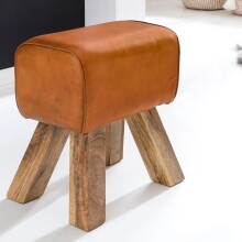 Sitzhocker >WL5.108< in Braun, Massivholz Mango / Echtleder - 40x47x30cm (BxHxT)