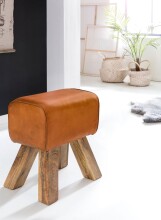 Sitzhocker >WL5.108< in Braun, Massivholz Mango / Echtleder - 40x47x30cm (BxHxT)