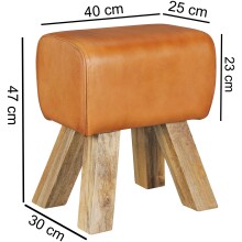 Sitzhocker >WL5.108< in Braun, Massivholz Mango / Echtleder - 40x47x30cm (BxHxT)