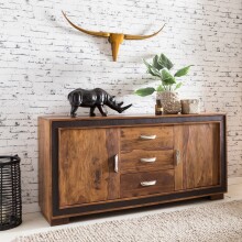 Sideboard >WL5.193< Kunstleder Applikation, Sheesham Massivholz - 160x80x44cm (BxHxT)