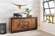 Sideboard >WL5.193< Kunstleder Applikation, Sheesham Massivholz - 160x80x44cm (BxHxT)
