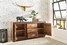 Sideboard >WL5.193< Kunstleder Applikation, Sheesham Massivholz - 160x80x44cm (BxHxT)