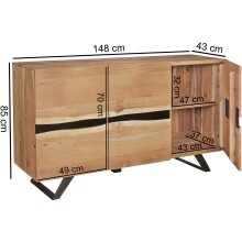 Sideboard >WL5.194< in Akazie, Massivholz / Metall - 148x85x43cm (BxHxT)