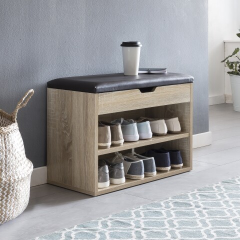 Schuhbank >WL5.262< in Eiche Dekor / PU schwarz - 60x40x30cm (BxHxT)