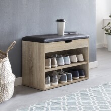 Schuhbank >WL5.262< in Eiche Dekor / PU schwarz - 60x40x30cm (BxHxT)