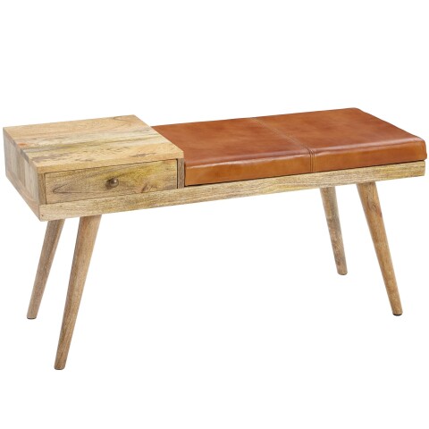 Sitzbank >WL5.322< in Braun, Leder / Massivholz - 100x52x38cm (BxHxT)