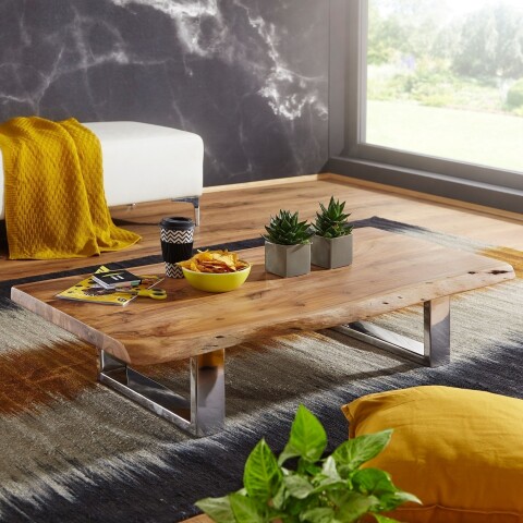 Couchtisch >WL5.524< in Akazie, Massivholz / Metall - 115x25x58cm (BxHxT)