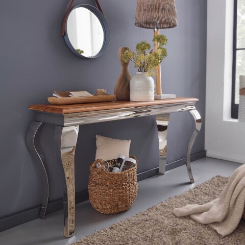 Konsolentisch >WL5.946< in Sheesham + Silber, Massivholz - 130x76x42cm (BxHxT)