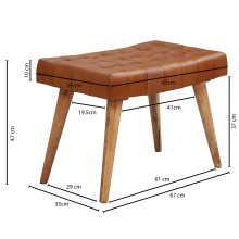 Sitzhocker >WL6.012< in Braun, Echtleder / Massivholz - 67x47x39cm (BxHxT)