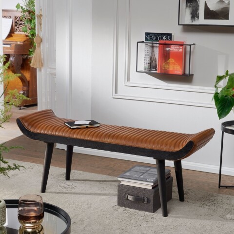 Sitzbank >WL6.014< in Braun, Echtleder / Massivholz - 125x51x38cm (BxHxT)