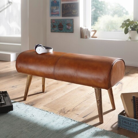 Sitzbank >WL6.086< in Braun, Echtleder / Massivholz - 100x53x40cm (BxHxT)