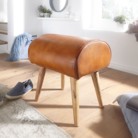 Sitzhocker >WL6.087< in Braun, Echtleder / Massivholz - 45x53x40cm (BxHxT)