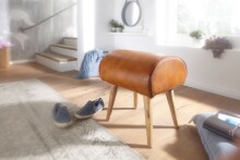 Sitzhocker >WL6.087< in Braun, Echtleder / Massivholz - 45x53x40cm (BxHxT)